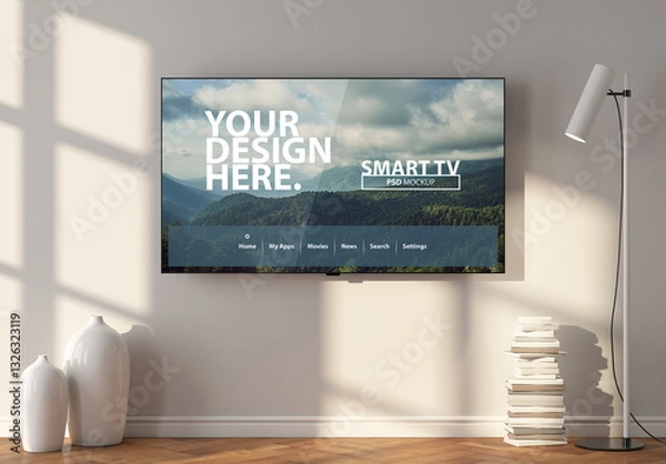 Fototapeta Smart Tv screen Mockup hanging above wooden floor with lamp in living room
