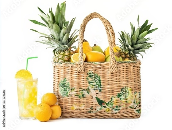 Fototapeta Summer Tropical Fruit Basket with Fresh Juice