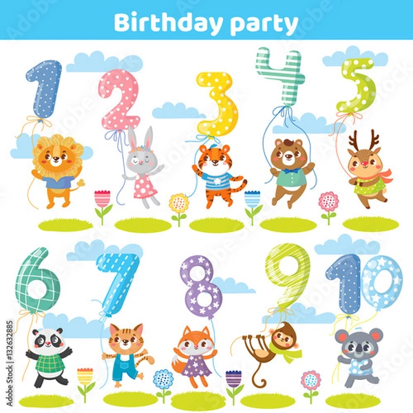 Fototapeta Birthday numbers with funny animals for invitation card