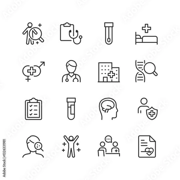 Fototapeta Medical and healthcare check-up, linear style icons set. Doctor, hospital, medical check-up, lab test, DNA analysis, patient care, and health insurance. Medical services. Editable stroke width