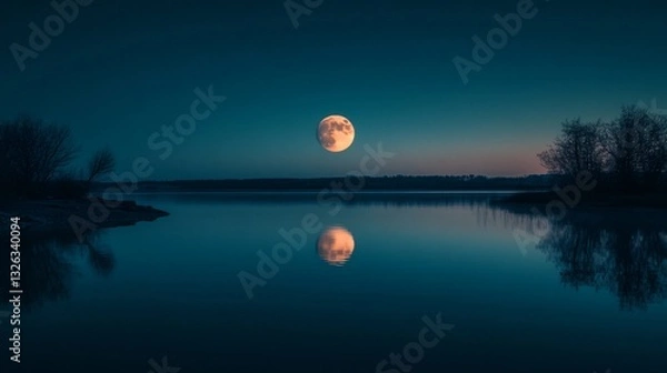 Obraz Tranquil Serenity: Full Moon Reflection in a Peaceful Lake at Night