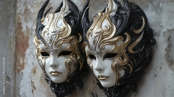 Obraz Elegant Gold and Black Masquerade Masks for Mysterious and Sophisticated Designs