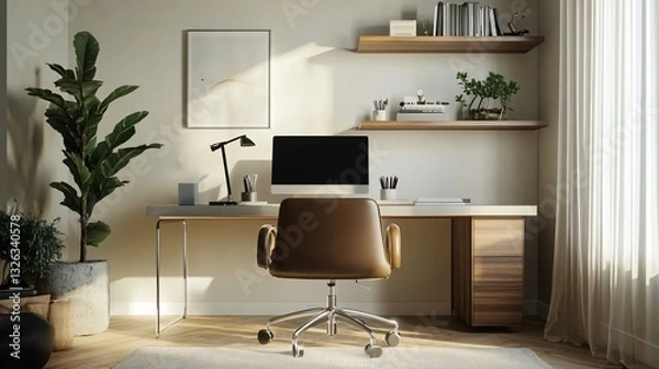 Obraz Sleek Desk and Ergonomic Chair in a Stylish Home Office Setup