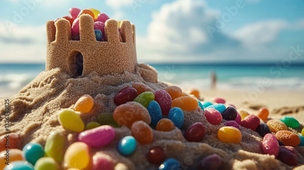 Obraz Colorful Jelly Beans in a Sandcastle on Beach Summer Fun Scene Image