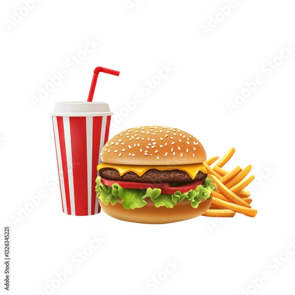 Fototapeta A tasty fast food meal consisting of a hamburger with lettuce and cheese, crispy fries, and a soft drink against a plain white backdrop.