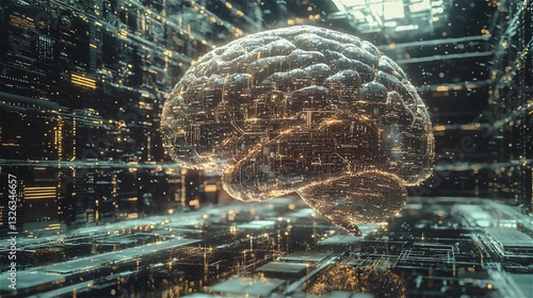 Fototapeta Clear brain with line and dot on a technology background. Generative AI.