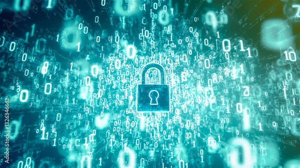 Obraz Cybercrime concept. The lock with a binary code number on a blue neon light background. Generative AI.