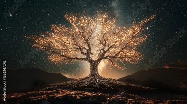 Fototapeta A vibrant digital tree with the glowing neon orange light circuit board, blending nature and technology on the dark scene. Generative AI.