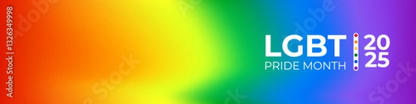 Fototapeta Pride month 2025 horizontal banner with gradient with pride colors flag. LGBTQ Pride month 2025 or pride day poster, flyer, banner, logo modern style design template.