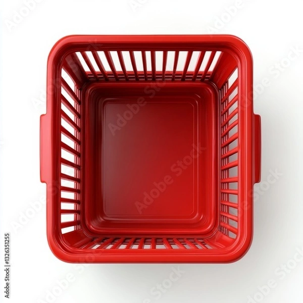 Obraz Red shopping basket: Top down view of empty plastic basket on a white background