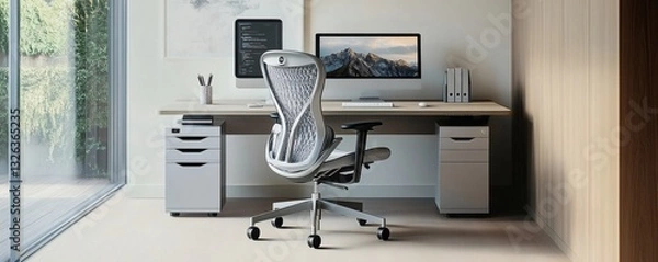 Fototapeta A modern office workspace displays a desk chair and computer setup