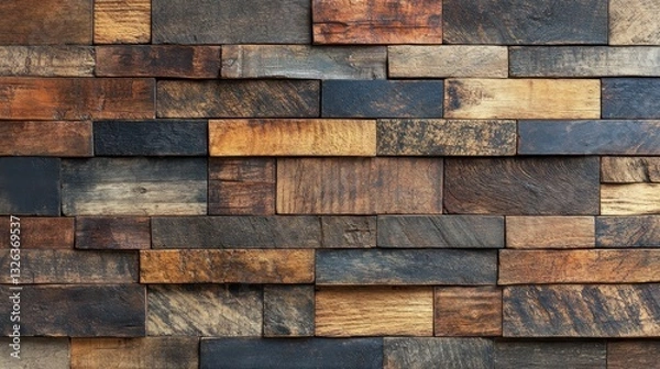 Fototapeta Rustic wooden wall with various shades and textures of reclaimed timber planks