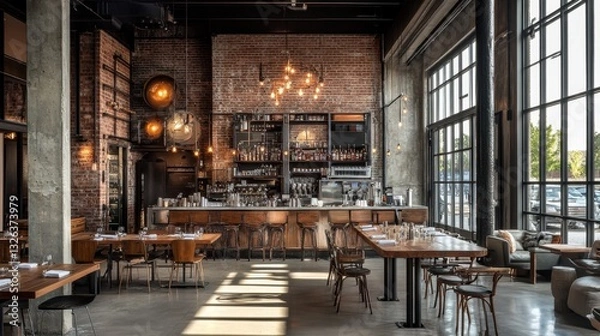 Fototapeta Modern industrial restaurant interior with exposed brick, rustic decor, and large windows