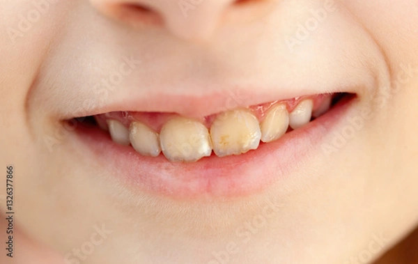 Obraz Close up of a child's smile revealing teeth affected by hypomineralization, a developmental defect impacting enamel formation, causing discoloration and increased sensitivity