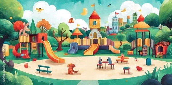 Obraz A colorful and whimsical illustration depicts a playful outdoor park scene