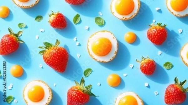 Fototapeta Strawberries and sunny side up candy on blue background with mint and sugar