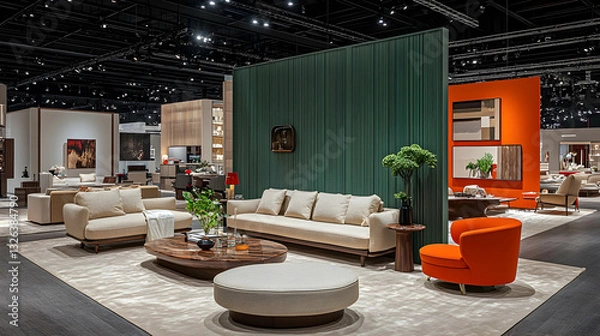 Obraz Modern living room display showcasing various furniture pieces in a sophisticated exhibition hall.  A blend of neutral tones and pops of color create a stylish, inviting atmosphere.  Dark wood