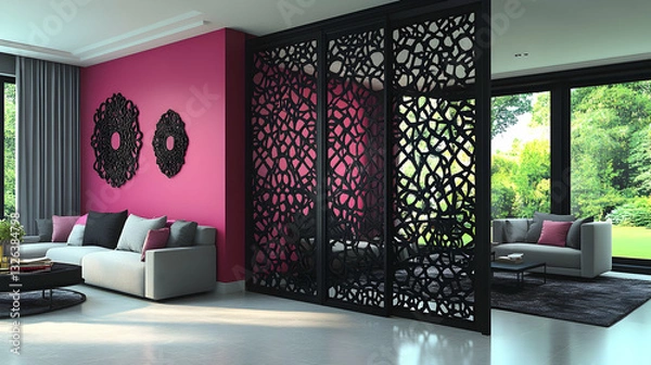 Obraz Modern living room divider with intricate design.  Stylish interior featuring a black, decorative room divider with a patterned design.  Pink accent wall and comfortable furniture.  Natural