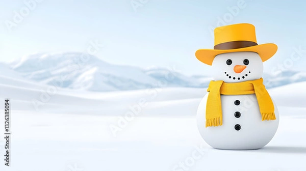 Fototapeta Cheerful snowman in a snowy landscape