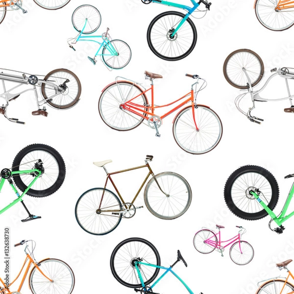 Fototapeta Seamless pattern of different bicycles isolated on a white