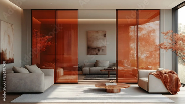 Obraz Modern living room with tinted glass sliding partitions