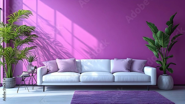 Obraz Modern living room with vibrant pink walls and lush greenery