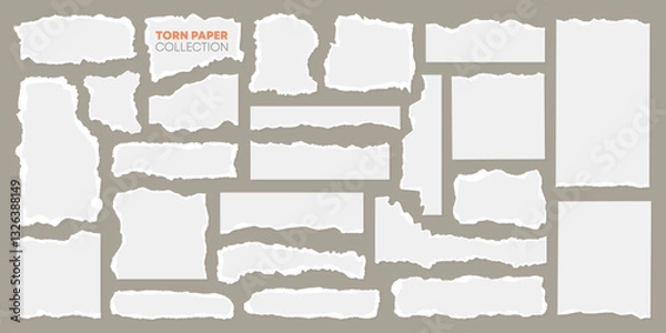 Fototapeta Set of torn newspaper strip with grunge texture, ripped plastic paper label, realistic sticky note or adhesive sticker, damaged page cutout background and business banner ornament for social media.