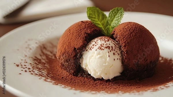 Fototapeta Close-up of a classic chocolate tartufo with a creamy vanilla ice cream center