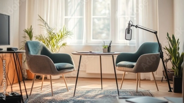 Fototapeta A perfect podcast studio: two comfortable chairs, a stylish table, and a professional microphone setup in a bright, simple space