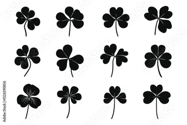Fototapeta Set of black silhouette clover leaf icons, flat design, vector illustration, white background. Clover silhouette set vector design big pack of shamrock illustration and icon. 
