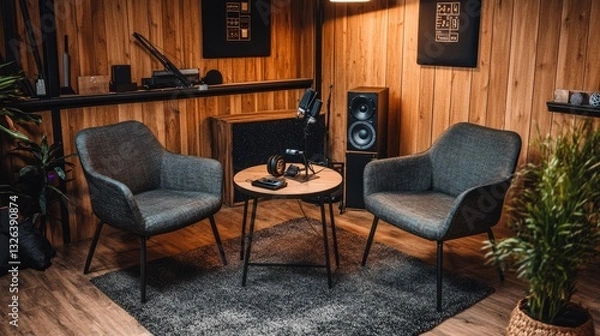 Fototapeta A professional podcast studio with two chairs, a table, microphones, and a speaker, arranged in a cozy yet modern setting