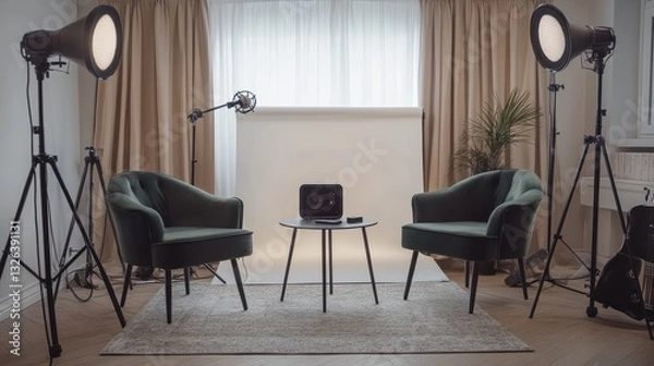 Fototapeta Clean and simple podcast studio with a white backdrop, two elegant chairs, a small table, microphones, and a compact speaker