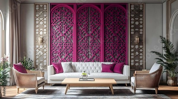 Obraz Elegant living room with pink accents and intricate wooden panels
