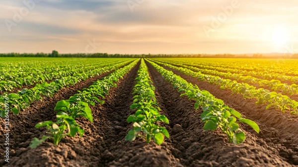 Fototapeta Rows of young potato plants in a field at sunset