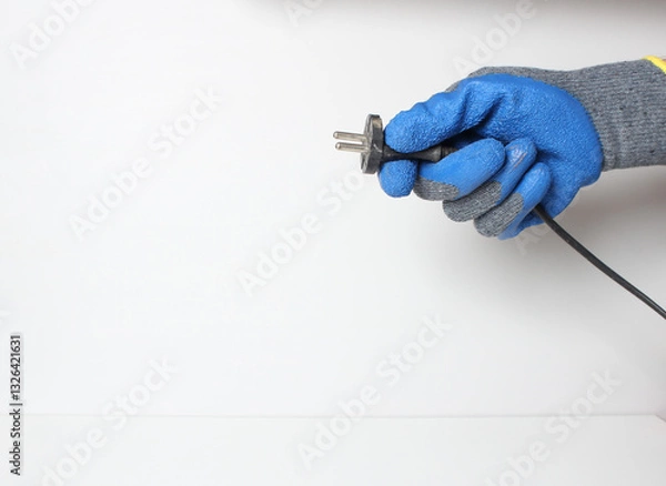 Obraz socket plug in the hand in a blue glove
