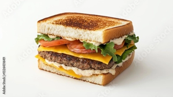Fototapeta Delicious grilled cheese burger with lettuce and tomato on a white background.