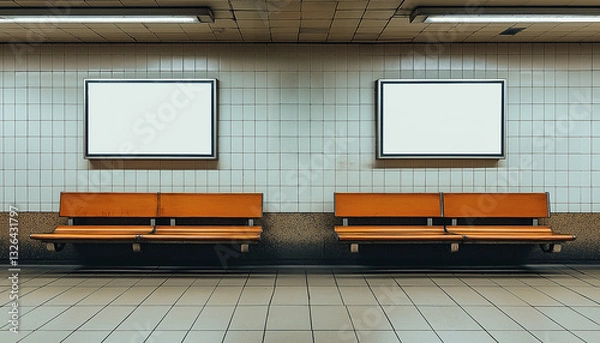 Obraz A pair of blank poster mockups above wooden benches at an underground station, featuring landscape-format billboards on the train platform, ready for advertising display.