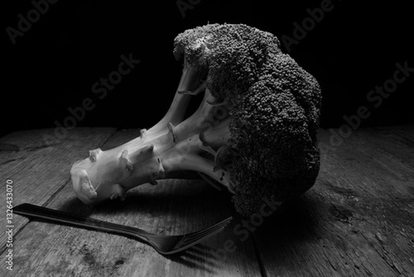 Fototapeta A broccoli in black and white picture with it's shape, fork and lots of tones and shadows .