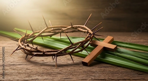 Fototapeta a crown of thorns, a wooden cross, and intertwined palm leaves, representing the journey from Palm Sunday to Easter Day