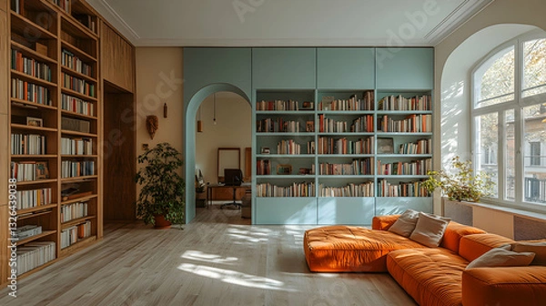 Obraz Spacious, modern home library with a comfortable seating area