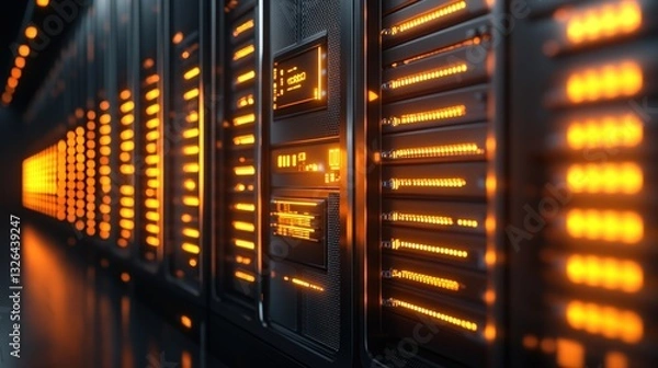 Fototapeta A close-up view of illuminated server racks in a data center, showcasing technology and connectivity with glowing orange lights.