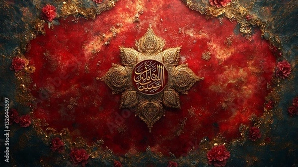 Fototapeta Ornate Red Background with Gold Floral Motifs and Calligraphy