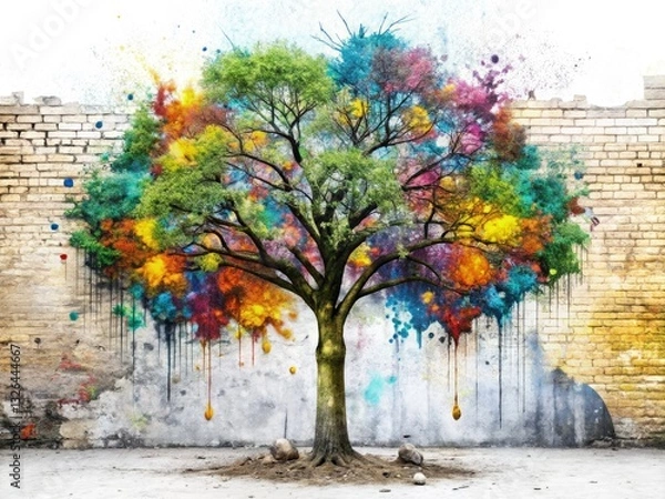 Obraz Isolated spray-painted tree, abstract graffiti art on a white background, showcasing urban exploration photography and concrete texture.