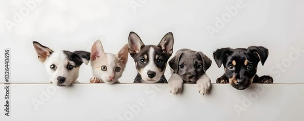 Fototapeta Five puppies are standing in a row, with one of them being a cat