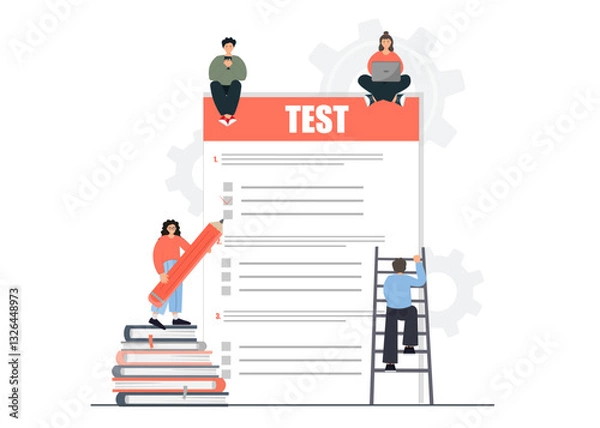 Obraz People writing test, teamwork concept, study exam, flat vector illustration