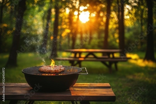 Fototapeta Spring barbecue with sizzling sausages on the grill during golden hour in a lush forest