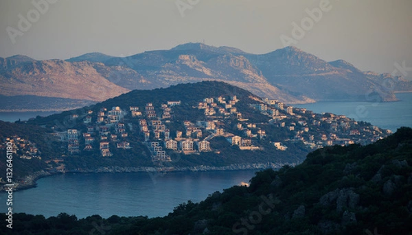 Fototapeta View of the area of the city of Kas in Turkey, located on the peninsula and the Greek island of Kastellorizo in the distance