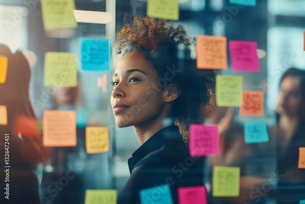 Obraz Professional Diverse business team engaging in innovative brainstorming session with colorful sticky notes on glass wall. Creative professionals sharing, discussing, and visualizing ideas using des...
