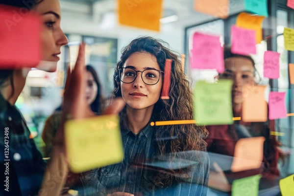 Fototapeta Professional Diverse business team engaging in innovative brainstorming session with colorful sticky notes on glass wall. Creative professionals sharing, discussing, and visualizing ideas using des...