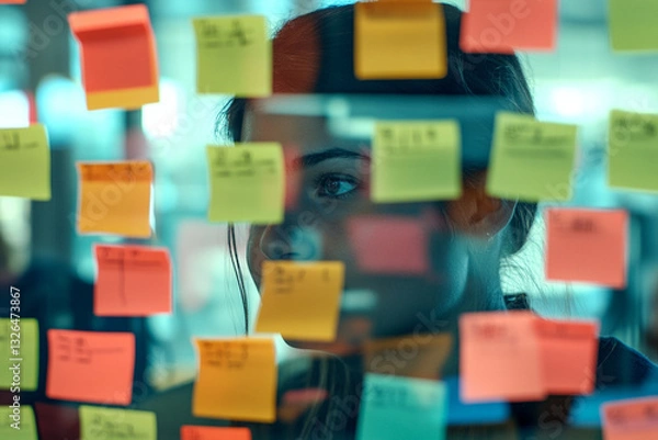 Fototapeta Elegant Professional Diverse business team engaging in innovative brainstorming session with colorful sticky notes on glass wall. Creative professionals sharing, discussing, and visualizing ideas u...